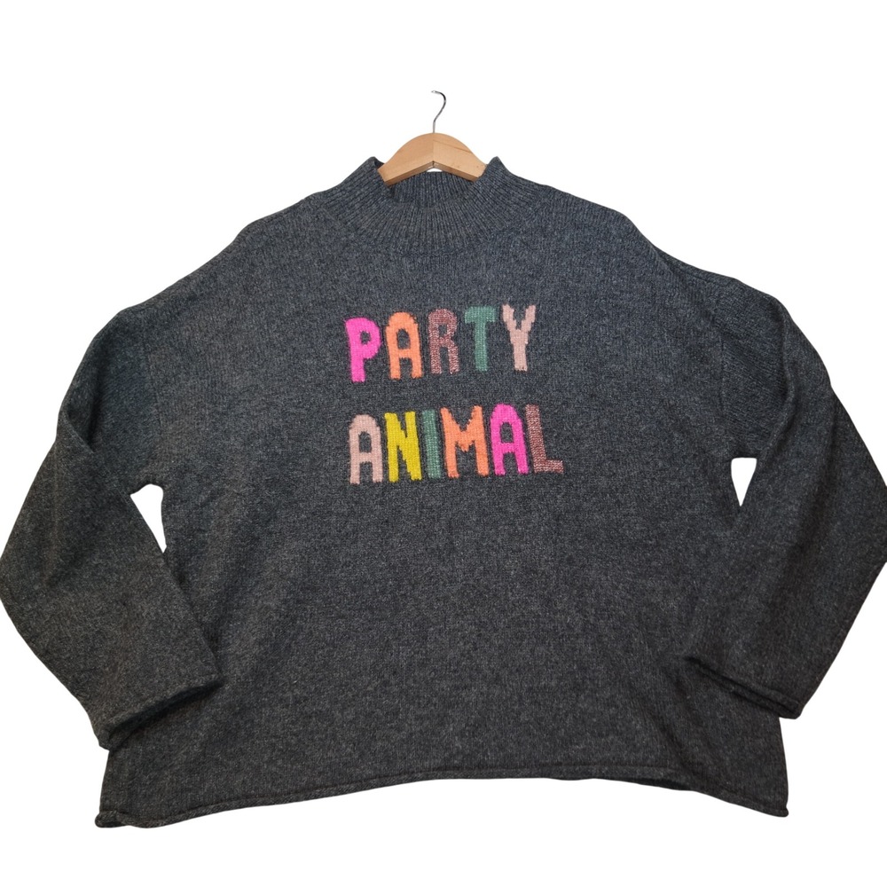 Lou & Grey Party Animal Gray Mock Neck Oversized Graphic Knit Sweater XL